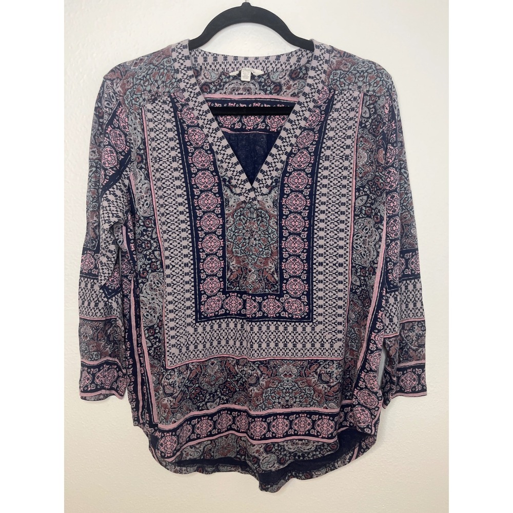 Lucky Brand Blouse Womens XL Floral Print Long Sleeve V Neck Boho Top